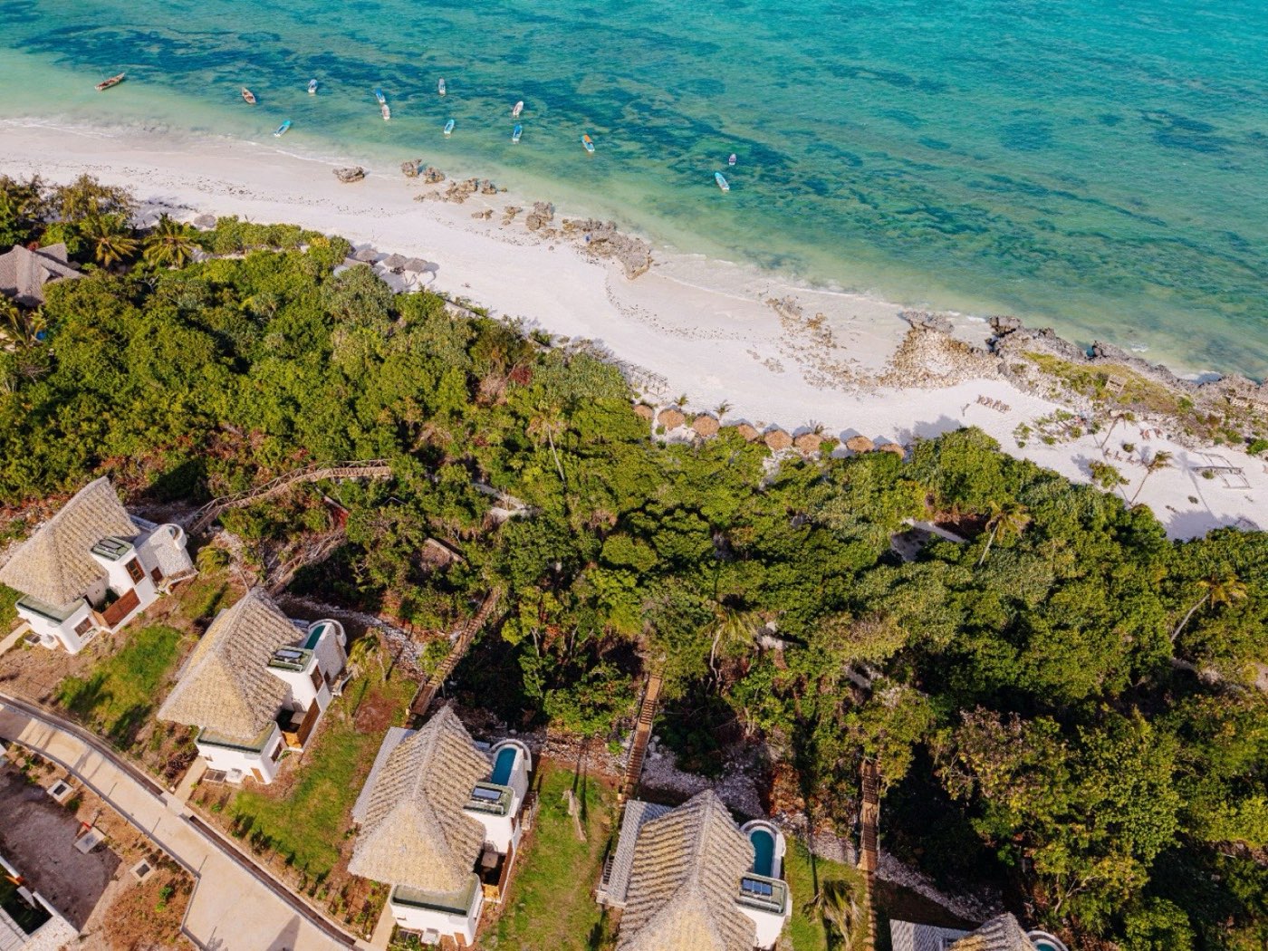 Matemwe Attitude villas from above, the beach and reef beyond